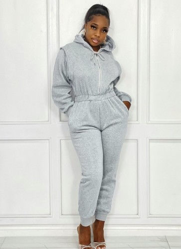 Gray Zipper Up Long Sleeve Drawstring Hoody Jumpsuit with Pocket