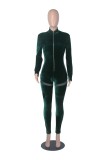 Green Velvet Zipper Up Turtleneck Long Sleeve Sheath Jumpsuit