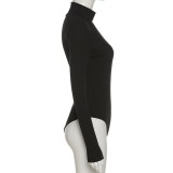 Black One Shoulder Single Sleeve Turtleneck Bodysuit