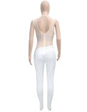 White Mesh Patch Beaded Sleeveless High Neck Slinky Jumpsuit