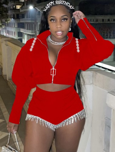 Red Zipper Open Puff Sleeve Crop Top and Tassel Short 2PCS Set