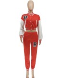 Letter Print Orange Long Sleeve Short Baseball Jacket and Sweatpants 2PCS Set