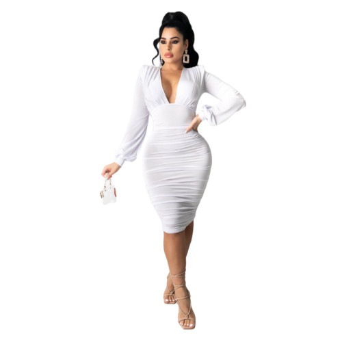 White Long Sleeve Plunge Ruched Bodycon Dress