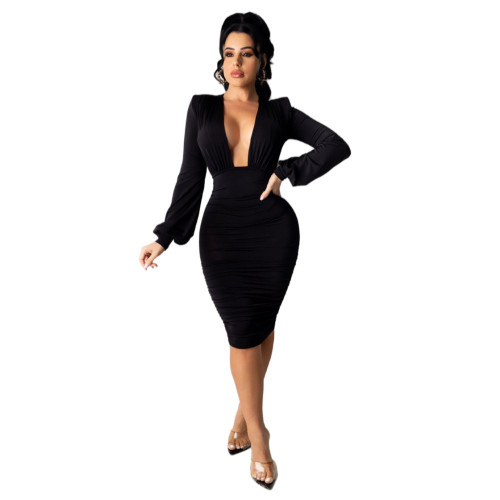 Black Long Sleeve Plunge Ruched Bodycon Dress