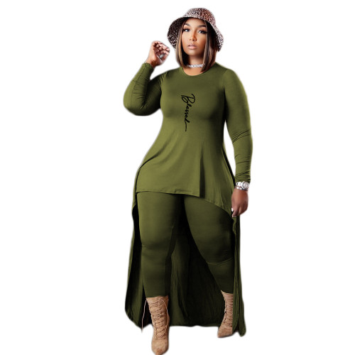 Plus Size Print Green Two Piece Irregular Long Top and Pants