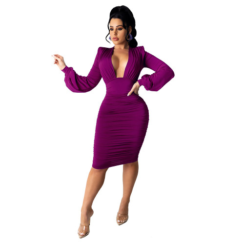 Purple Long Sleeve Plunge Ruched Bodycon Dress