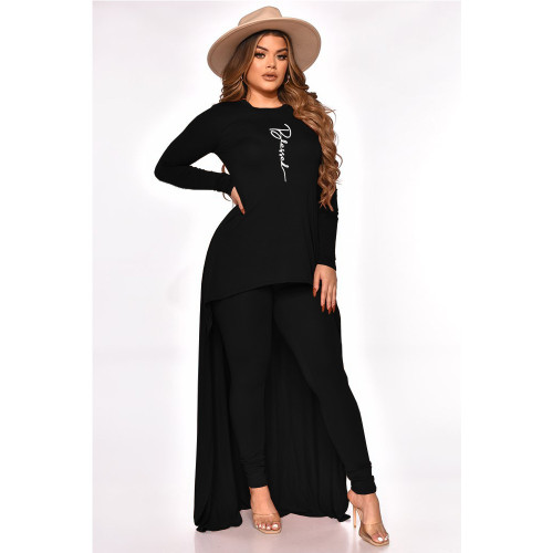 Plus Size Black Print Two Piece Irregular Long Top and Pants