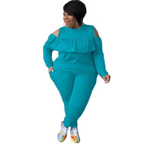 Blue Cold Shoulder Ruffle Plus Size Two Piece Pants Set