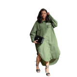 Print Green Plus Size Slit Sides Long Blouse Dress