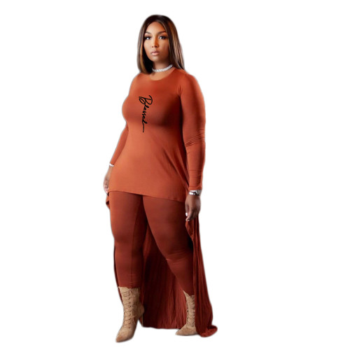 Plus Size Print Coffee Two Piece Irregular Long Top and Pants