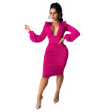 Purple Long Sleeve Plunge Ruched Bodycon Dress