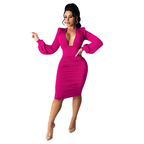Hot Pink Long Sleeve Plunge Ruched Bodycon Dress