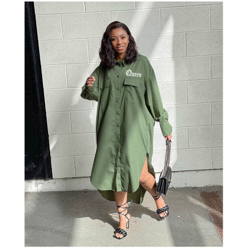 Print Green Plus Size Slit Sides Long Blouse Dress