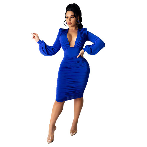 Blue Long Sleeve Plunge Ruched Bodycon Dress