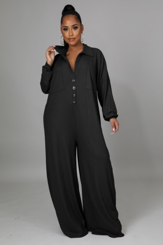 Black Button Up Turndown Collar Long Sleeve Wide Jumpsuit