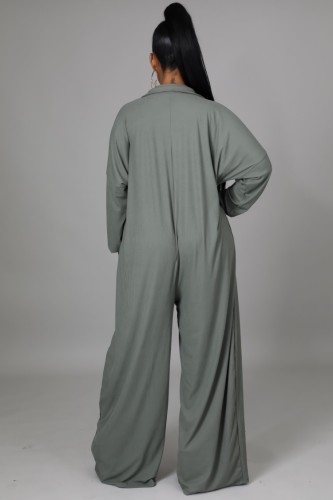 Grey Button Up Turndown Collar Long Sleeve Wide Jumpsuit