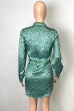 Leopard Print Green Silk Knotted Button Up Fitted Blouse Dress