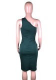 Green Mesh Patched One Shoulder Sleeveless Midi Dress