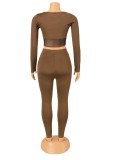 Brown See Through Lace Up O-Neck Crop Top and Pants 2PCS Set