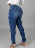 Blue High Waist Ripped Distressed Jeans with Pocket