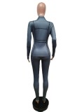 Black Line Grey Zipper Up Long Sleeve Fitted Top and Pants 2PCS Set
