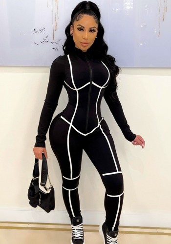 White Line Black Zipper Up Long Sleeve Bodycon Jumpsuit