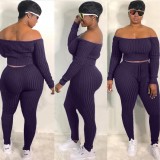 Purple Ribbed Off Shoulder Long Sleeve Top and High Waist Leggings 2PCS Set