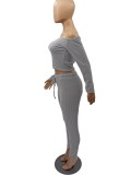 Grey Ribbed Off Shoulder Long Sleeve Top and High Waist Leggings 2PCS Set