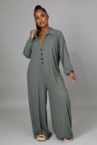 Grey Button Up Turndown Collar Long Sleeve Wide Jumpsuit