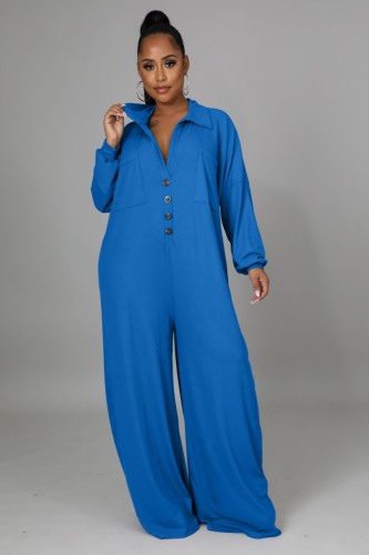 Blue Button Up Turndown Collar Long Sleeve Wide Jumpsuit