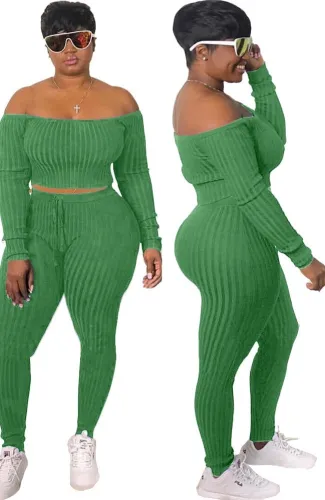Green Ribbed Off Shoulder Long Sleeve Top and High Waist Leggings 2PCS Set
