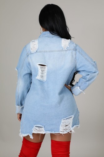 Lt-Blue Ripped Distressed Button Up Long Sleeve Jeans Dress