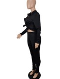 Black Button Open Long Sleeves Blouse and Pant 2PCS Set with Pocket