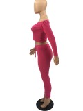 Pink Ribbed Off Shoulder Long Sleeve Top and High Waist Leggings 2PCS Set