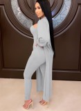 Gray Bandeau Fitted Jumpsuit and Puff Sleeve Long Cardigan 2PCS Set