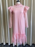 Pink Cami Dress and Hollow Out Ruffled Long Sleeve Long Dress 2PCS Set