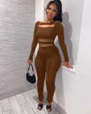 Brown Mesh Patched Cut Out Long Sleeves Tight Jumpsuit