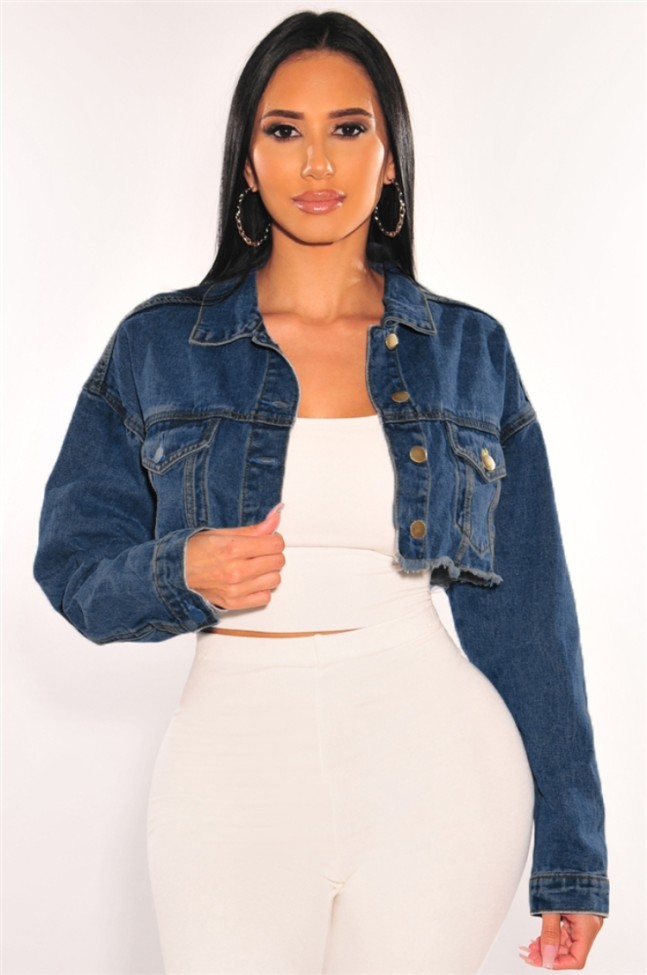 Dk-Blue Ripped Button Open Long Sleeve Short Denim Jeans Jacket
