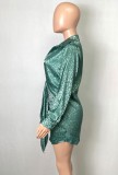 Leopard Print Green Silk Knotted Button Up Fitted Blouse Dress