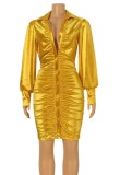 Yellow Silk Turndown Collar Button Long Sleeve Skinny Mini Blouse Dress