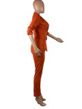Orange Pockets Long Sleeve Button Up Jumpsuit With Belt