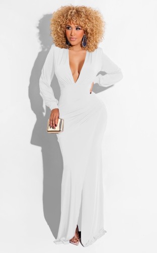 White Deep-V Wrap Front Split Long Sleeve Maxi Dress