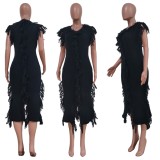 Black Kintted Fringe Sleeveless Irregular Midi Dress
