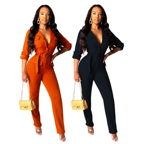 Navy Pockets Long Sleeve Button Up Jumpsuit With Belt