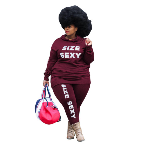 Plus Size Letter Print Causal Hooded Sweatshirt and Sweatpants Set