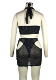 Black Rhinestone Criss Cross Crop Top and High Cut Panty with Cut Out Mini Dress 3PCS Set