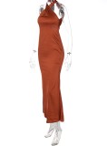 Brown Silk Cross Neck Sleeveless Backless Maxi Dress