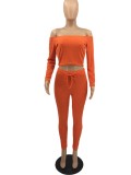 Orange Ribbed Off Shoulder Long Sleeve Top and High Waist Leggings 2PCS Set