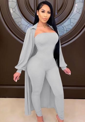 Gray Bandeau Fitted Jumpsuit and Puff Sleeve Long Cardigan 2PCS Set
