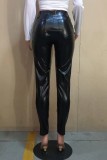 Black Leather High Waist Slim Fit Pants
